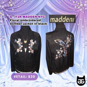 Madden NYC Women's Floral Embroidered Bomber Jacket Black Full Zip